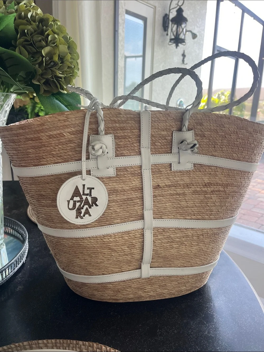 EUC Altuzarra Watermill large raffia tote with white leather braided straps